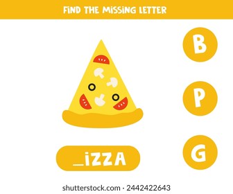 Find missing letter. Cute cartoon pizza slice. Educational spelling game for kids.