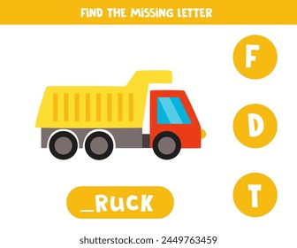 Find missing letter. Cute cartoon toy truck. Educational spelling game for kids.