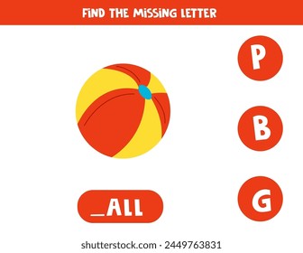 Find missing letter. Cute cartoon colorful ball. Educational spelling game for kids.