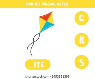 Find missing letter. Cute cartoon kite. Educational spelling game for kids.