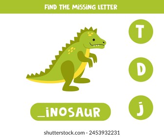 Find missing letter. Cute cartoon dinosaur. Educational spelling game for kids.