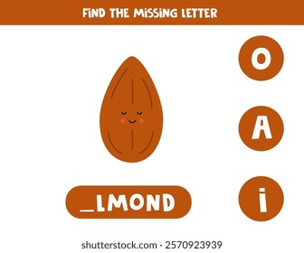 Find missing letter. Cute cartoon almond. Educational spelling game for kids.