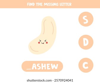 Find missing letter. Cute cartoon cashew nut. Educational spelling game for kids.