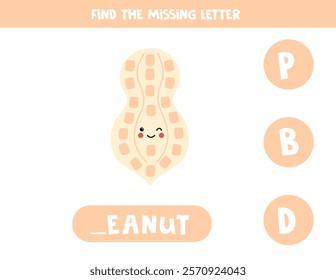 Find missing letter. Cute cartoon peanut. Educational spelling game for kids.