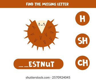 Find missing letter. Cute cartoon chestnut. Educational spelling game for kids.