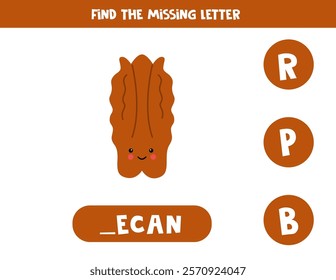 Find missing letter. Cute cartoon pecan. Educational spelling game for kids.