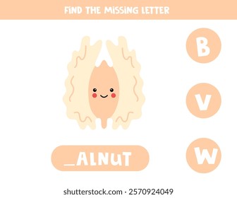 Find missing letter. Cute cartoon walnut. Educational spelling game for kids.