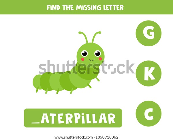Find missing letter. Cute cartoon caterpillar.\
Educational spelling game for\
kids.