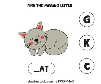 Find missing letter. Cute cat. Educational spelling game for kids.