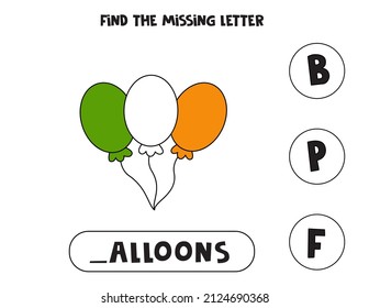 Find missing letter. Cute colorful balloons. Educational spelling game for kids.
