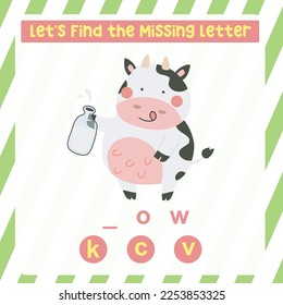 Find missing letter. Cute cow holding a bottle of milk. Educational spelling game for kids. Complete the missing letters for animal farm name in English. Kids educational worksheet.