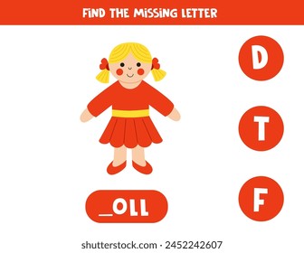 Encuentra la carta perdida. Linda muñeca en vestido rojo. Juego de ortografía educativa para niños.