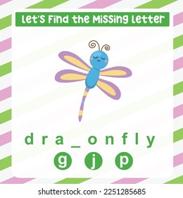 Find the missing letter cute dragonfly worksheet for kids learning insects in English. Educational alphabetic game. Printable worksheet for preschool.  Spelling and writing practise page for children.