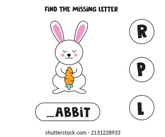 Find missing letter. Cute Easter rabbit. Educational spelling game for kids.