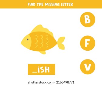 Find missing letter. Cute fish. Educational spelling game for kids.