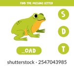 Find missing letter. Cute green toad. Educational spelling game for kids.