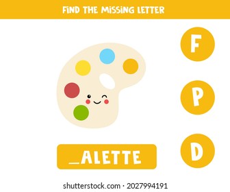 Encontrar la letra que falta. Cute paleta kawaii. Juego educativo de ortografía para niños.