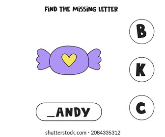 Find missing letter. Cute kawaii candy. Educational spelling game for kids.