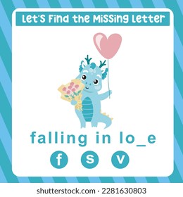 Find the missing letter of cute and kawaii baby dragon falling in love worksheet for kids learning vocabulary in English. Educational alphabetic game. Spelling and writing practise page for children. 