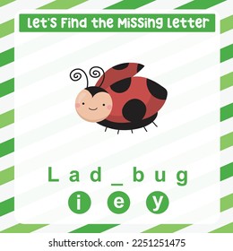 Encuentra la hoja de cálculo de la letra que falta para niños aprendiendo insectos en inglés. Juego alfabético educativo. Hoja de cálculo imprimible para preescolar.  Página de práctica de ortografía y escritura para niños. 