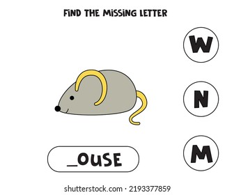 Find missing letter. Cute mouse. Educational spelling game for kids.