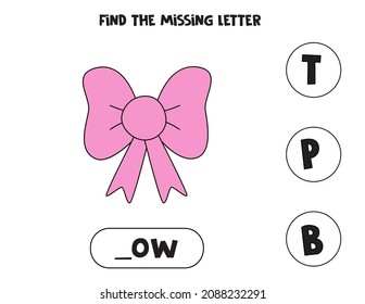 Find missing letter. Cute pink bow. Educational spelling game for kids.