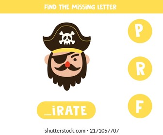 Find missing letter. Cute pirate. Educational spelling game for kids.