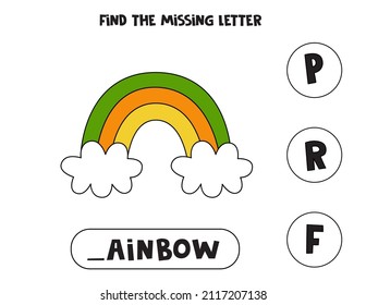 Find missing letter. Cute rainbow. Educational spelling game for kids.