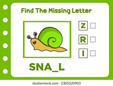 find missing letter cute snail. kids worksheet