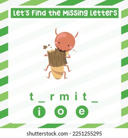 Find the missing letter cute termite worksheet for kids learning insects in English. Educational alphabetic game. Printable worksheet for preschool.  Spelling and writing practise page for children. 