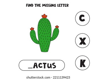 Find Missing Letter. Doodle Cactus. Educational Spelling Game For Kids.