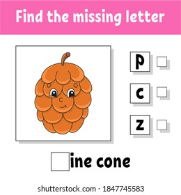Find the missing letter. Education developing worksheet for kids. Activity page. Cartoon character. Autumn theme.