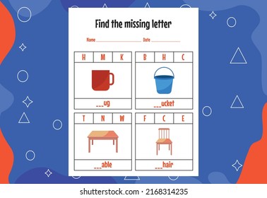 Find the missing letter. Education spelling worksheets for kids. Activity page