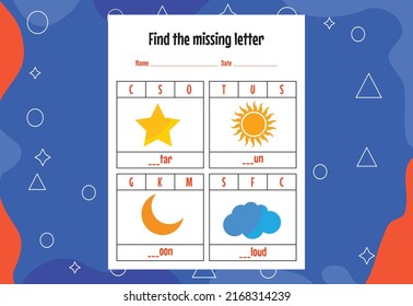 Find the missing letter. Education spelling worksheets for kids. Activity page