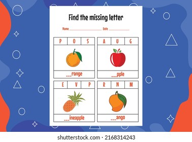 Find the missing letter. Education spelling worksheets for kids. Activity page