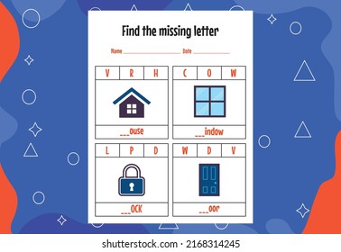 Find the missing letter. Education spelling worksheets for kids. Activity page