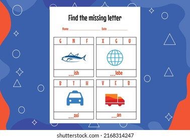 Find the missing letter. Education spelling worksheets for kids. Activity page