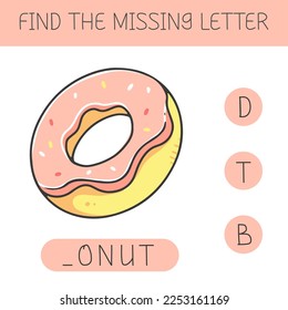Find the missing letter is an educational game for kids with a donut. Cute cartoon donut. Practicing English alphabet. Vector illustration.