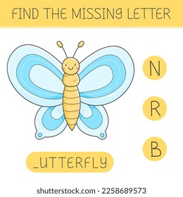 Find the missing letter is an educational game for kids with a butterfly. Cute cartoon butterfly. Practicing English alphabet. Vector illustration.