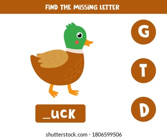 Find missing letter. Educational spelling game for kids. Vector illustration of cute duck. Practicing English alphabet. Printable worksheet.