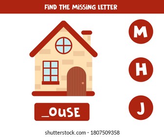 Find missing letter. Educational spelling game for kids. Vector illustration of cartoon house. Practicing English alphabet. Printable worksheet.