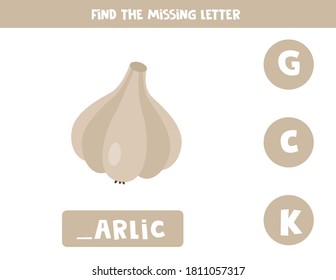 Find missing letter. Educational spelling game for kids. Vector illustration of cartoon garlic. Practicing English alphabet. Printable worksheet.