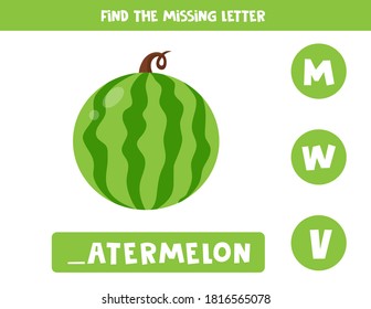 Find missing letter. Educational spelling game for kids. Vector illustration of cartoon watermelon. Practicing English alphabet. Printable worksheet.