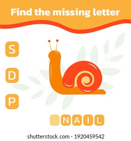 Find the missing letter. Educational spelling game for kids. Colorful snail. Practicing English alphabet. Vector illustration.