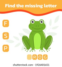Find the missing letter. Educational spelling game for kids. Green frog. Practicing English alphabet. Vector illustration.