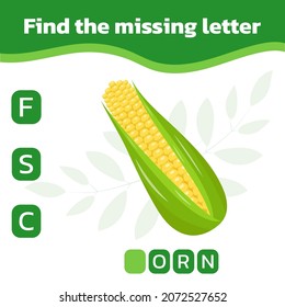 Finden Sie den fehlenden Brief. Pädagogisches Schreibspiel für Kinder. süßer süßer Mais. Englisches Alphabet praktizieren. Vektorgrafik.