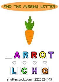 Find missing letter. Educational spelling game for kids.Education puzzle for children find missing letter of cute cartoon carrot  printable bug worksheet