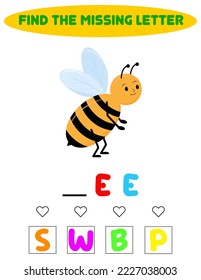 Find missing letter. Educational spelling game for kids.Education puzzle for children find missing letter of cute cartoon bee printable bug worksheet.