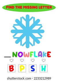 Find missing letter. Educational spelling game for kids.Education puzzle for children find missing letter of cute cartoon snowflake printable bug worksheet.
