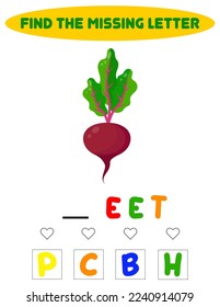 Find missing letter. Educational spelling game for kids.Education puzzle for children find missing letter of cute beetroot printable bug worksheet.